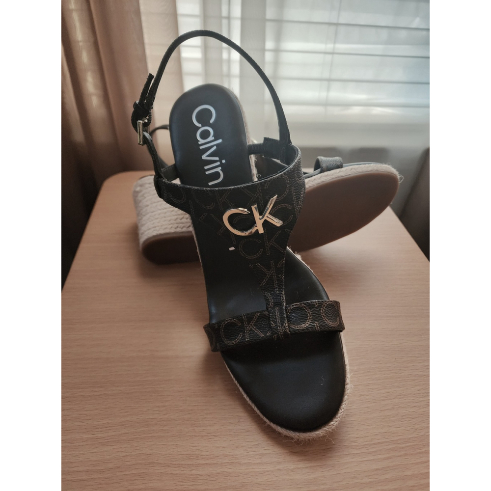 Calvin Klein Dark Brown Logo Espadrille Wedge Sing Back Sandals SZ 9.5 M - Picture 10 of 16